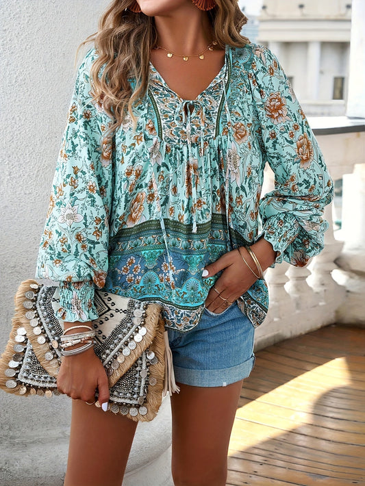 Bohemian Floral Blouse - Lantern Sleeves and Relaxed Fit