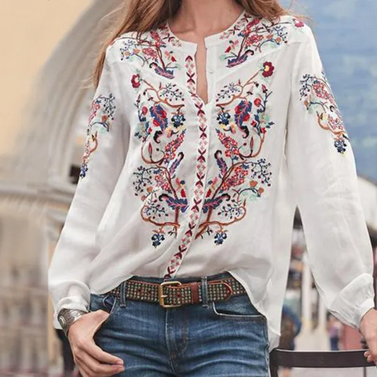 Casual Blouse – Floral Embroidery & Breathable Cotton-Blend Fabric