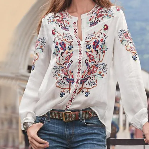 Casual Blouse – Floral Embroidery & Breathable Cotton-Blend Fabric