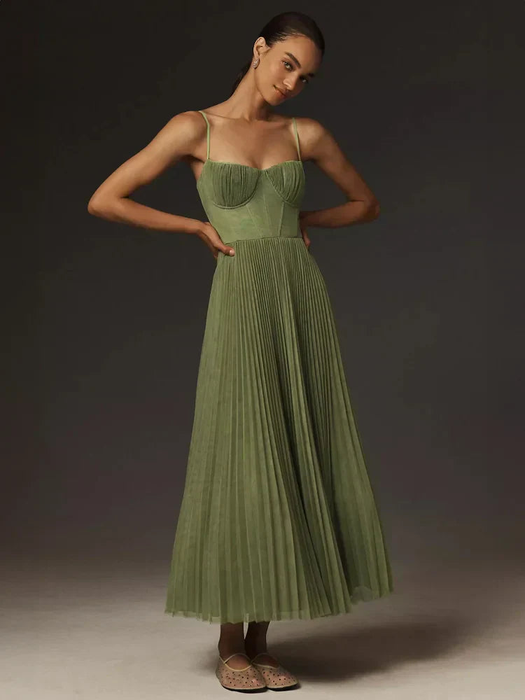 Flared Midi Dress – Pleated Tulle Bustier & Flowing Skirt